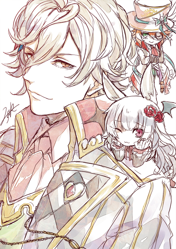 1girl 2boys chibi closed_mouth green_eyes grey_hair grimms_notes hat lewis_carroll_(grimms_notes) lewis_carroll_(original)_(grimms_notes) mad_hatter_(grimms_notes) mad_hatter_(kagami_no_kuni)_(grimms_notes) march_hare_(grimms_notes) march_hare_(kagami_no_kuni)_(grimms_notes) multiple_boys nikosuke one_eye_closed orange_eyes orange_hair pink_eyes rabbit_girl signature smile upper_body white_background