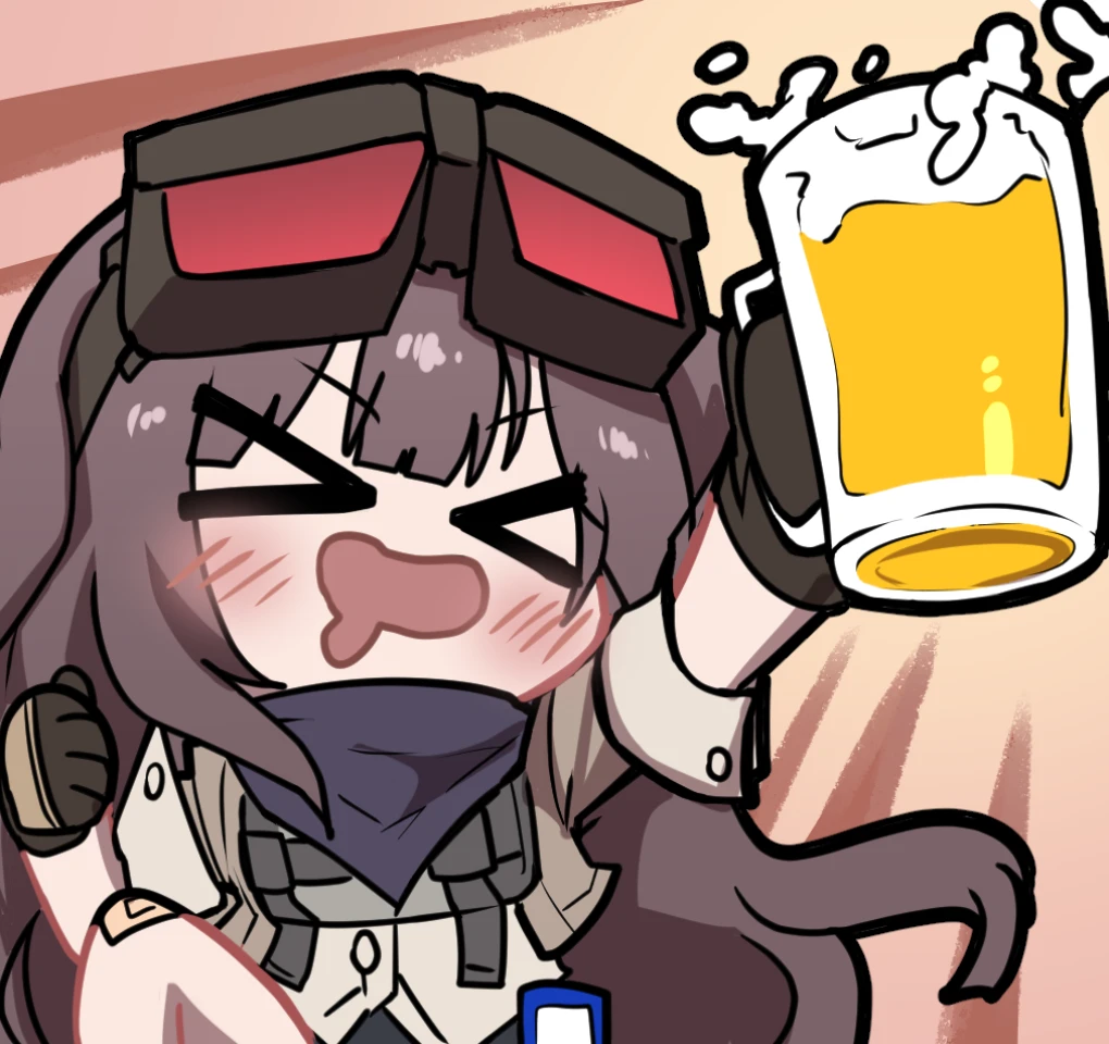 &gt;_&lt; 1girl alcohol beer blush brown_hair chibi chibi_only chinese_commentary chinese_text drunk girls&#039;_frontline girls&#039;_frontline_2:_exilium gloves madcore mayling_shen_(girls&#039;_frontline_2) official_art open_mouth saliva second-party_source solo toasting_(gesture)