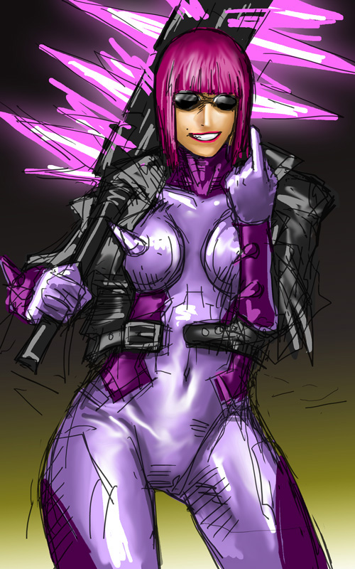 breasts cyborg grin jacket mace madworld mathilda_(madworld) max_anarchy pointing purple_hair sega smile sunglasses take_(draghignazzo) weapon