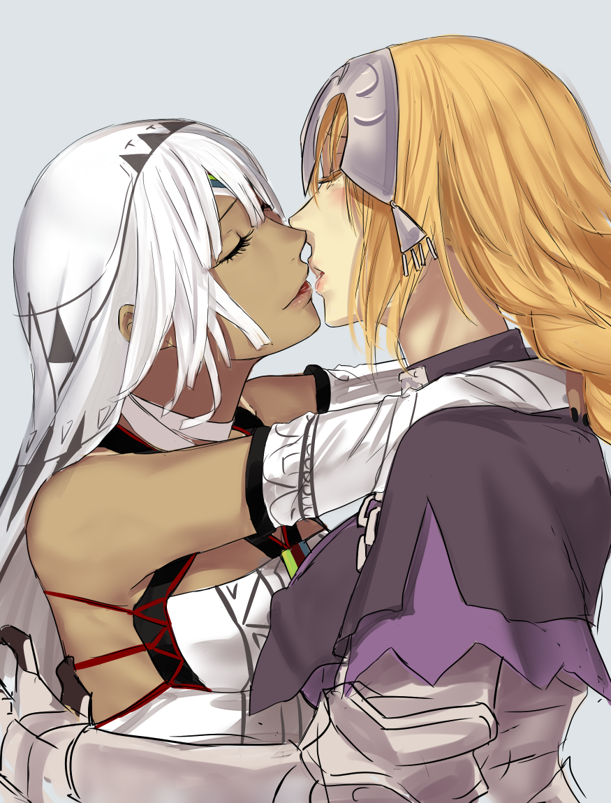 2girls altera_(fate) armor armored_dress arms_around_neck bare_shoulders black_nails blonde_hair blush breasts choker closed_eyes dark-skinned_female dark_skin detached_sleeves dress eyelashes fate/grand_order fate_(series) fingernails gauntlets headdress headpiece hug i-pan jeanne_d&#039;arc_(fate) jeanne_d&#039;arc_(ruler)_(fate) kiss large_breasts long_hair multiple_girls nail_polish parted_lips saliva saliva_trail short_hair simple_background small_breasts standing tan veil white_hair yuri