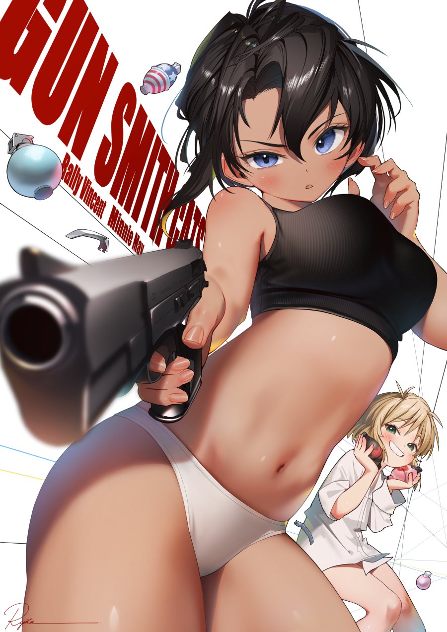 2girls aiming aiming_at_viewer black_hair blonde_hair blue_eyes blush breasts explosive green_eyes grenade gun gunsmith_cats handgun highres holding holding_gun holding_weapon large_breasts looking_at_viewer minnie_may_hopkins multiple_girls navel panties rally_vincent ryota_(ry_o_ta) short_hair smile sports_bra tan underwear weapon