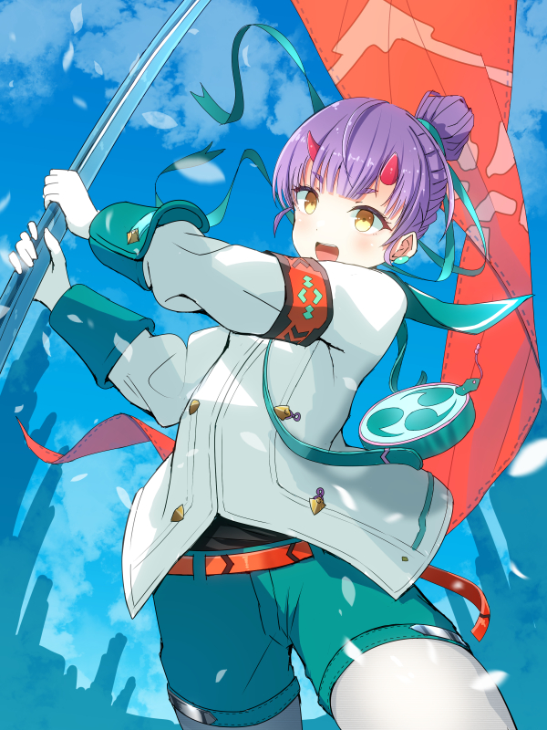 1girl black_undershirt bow fiona_(xenoblade) flat_chest gloves horns igamushi4848 lance light_purple_hair mitsudomoe_(shape) open_mouth polearm solo tomoe_(symbol) weapon white_gloves xenoblade_chronicles_(series) xenoblade_chronicles_3 yellow_pupils