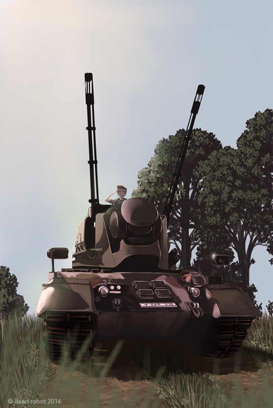1girl 2016 anti-aircraft anti-aircraft_gun backlighting beret blonde_hair caterpillar_tracks commentary dead-robot female_focus flakpanzer_gepard flugabwehrkanonenpanzer_gepard germany grass hat military military_uniform military_vehicle motor_vehicle oerlikon_gdf oerlikon_gdf_35_mm_twin_cannon original path road salute self-propelled_anti-aircraft-gun self-propelled_anti-aircraft_weapon self-propelled_gun sleeves_rolled_up soldier solo tank tree twitter_username