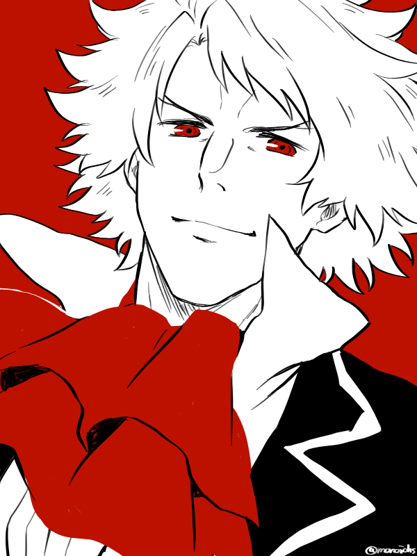 1boy ascot classicaloid closed_mouth coat greyscale_with_colored_background high_collar looking_at_viewer ludwig_van_beethoven_(classicaloid) male_focus moroi_(moroiohs) red_ascot red_background red_eyes short_hair signature simple_background solo spot_color v-shaped_eyebrows