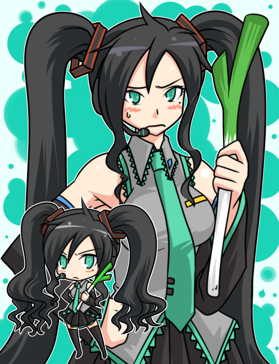 1girl aqua_eyes black_hair blush chibi cosplay deborah_(dq5) detached_sleeves dragon_quest dragon_quest_v hatsune_miku hatsune_miku_(cosplay) highres long_hair microphone mole mole_under_eye multiple_views necktie spring_onion thighhighs tonda twintails very_long_hair vocaloid