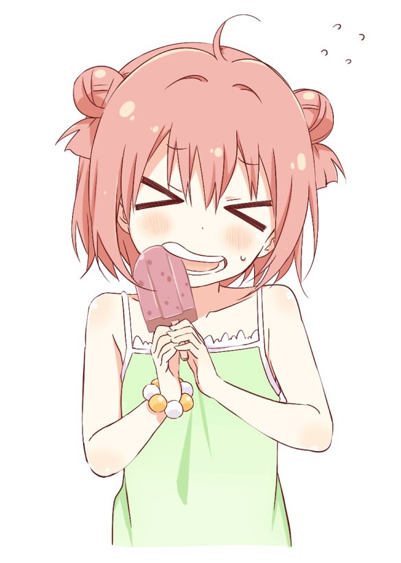 &gt;_&lt; 1girl akaza_akari bare_shoulders biting blush bracelet camisole dot_nose double_bun female_focus food hair_bun hair_intakes holding holding_food jewelry pink_hair popsicle red_hair shikou_sakugo_(qqap9gt9k) simple_background solo sweatdrop teeth upper_body white_background yuruyuri