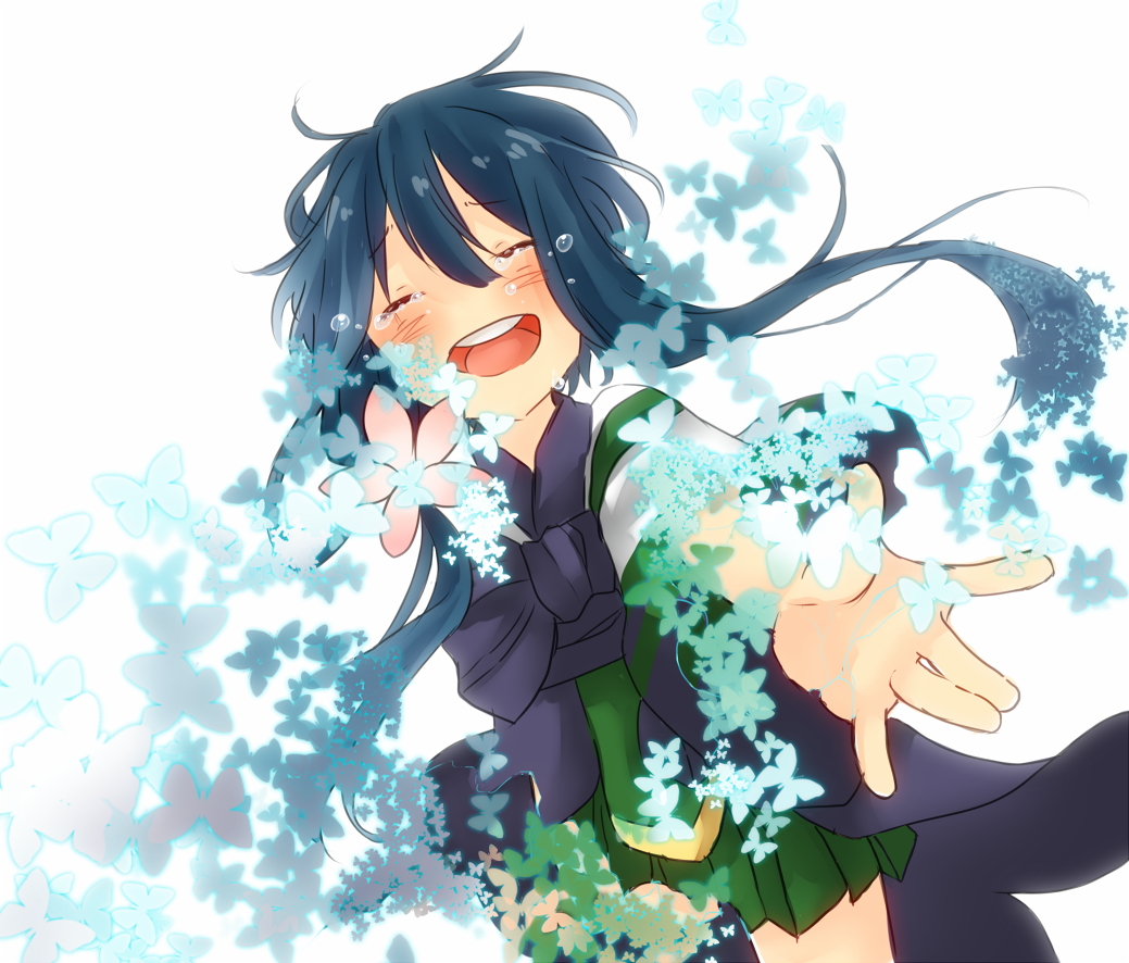 1girl alternate_color blue_butterfly blue_hair blush bow bug butterfly closed_eyes commentary_request cowboy_shot crying green_skirt grey_bow hanbok insect korean_clothes long_hair meiko_(nattu303) open_mouth ragnarok_online shirt simple_background skirt smile solo soul_linker_(ragnarok_online) white_background white_shirt