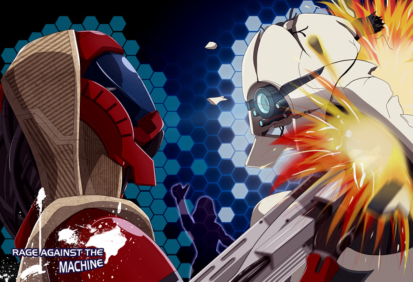 1boy alien geth helmet hitting honeycomb_(pattern) honeycomb_background honeycomb_pattern image_sample kal&#039;reegar mass_effect_(series) mass_effect_1 pixiv_sample profile quarian rage_against_the_machine resized ticktank