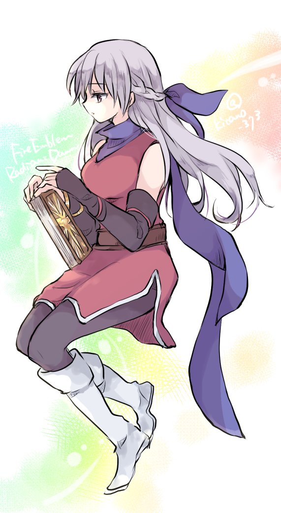 1girl bare_shoulders belt black_gloves black_leggings blue_scarf boots bracelet copyright_name dress elbow_gloves fingerless_gloves fire_emblem fire_emblem:_radiant_dawn full_body gloves gradient_background grey_hair hair_ribbon half_updo jewelry kitano_373 leggings long_hair micaiah_(fire_emblem) nintendo ribbon scarf side_slit simple_background sleeveless sleeveless_dress solo twitter_username white_boots yellow_eyes