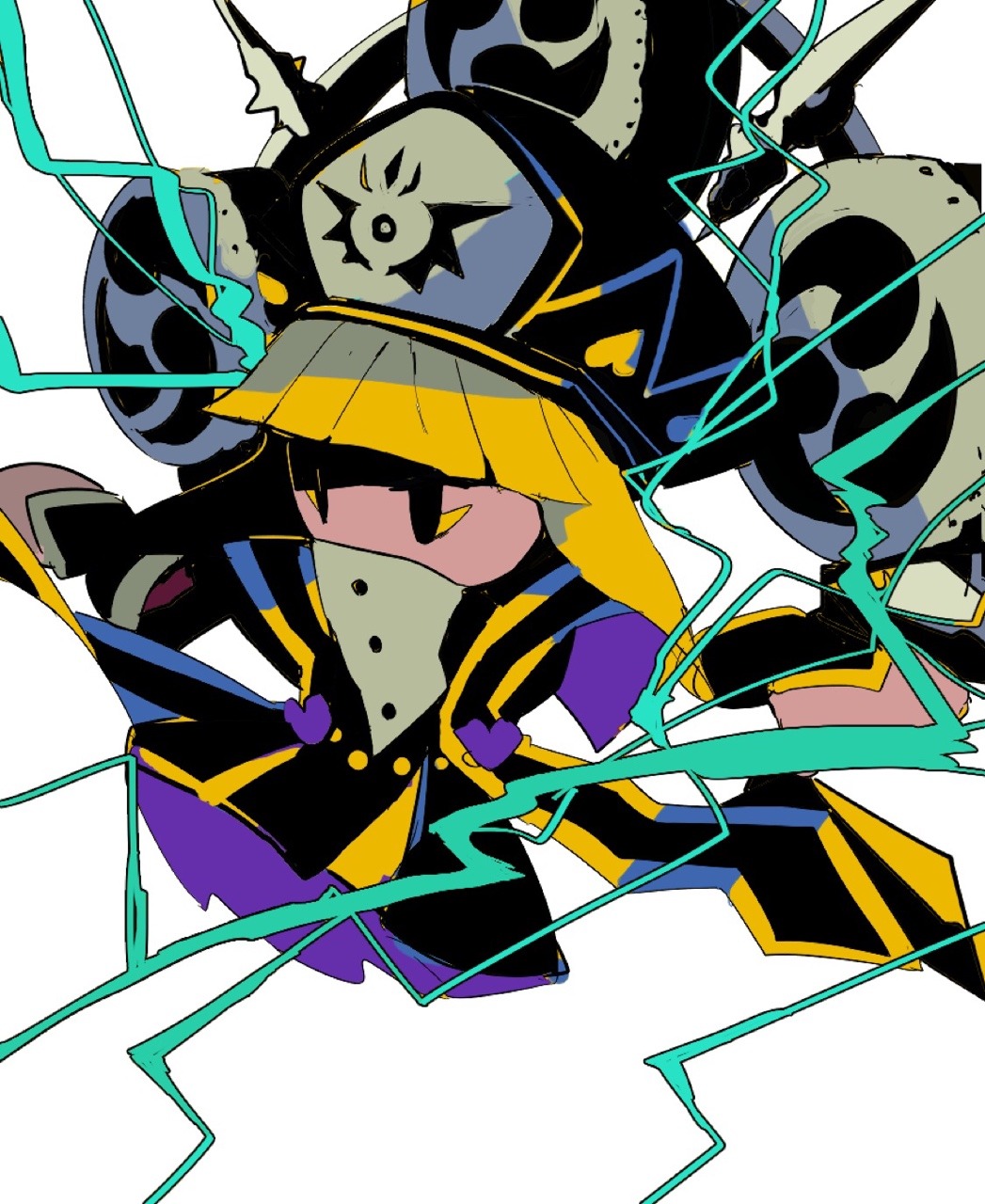 1girl blonde_hair blunt_bangs bob_cut drum drum_set electricity gauntlets hat highres instrument kirby_star_allies kirby_(series) military_hat military_uniform nintendo polearm short_hair solo soumenhiyamugi taiko_drum weapon white_background zan_partizanne