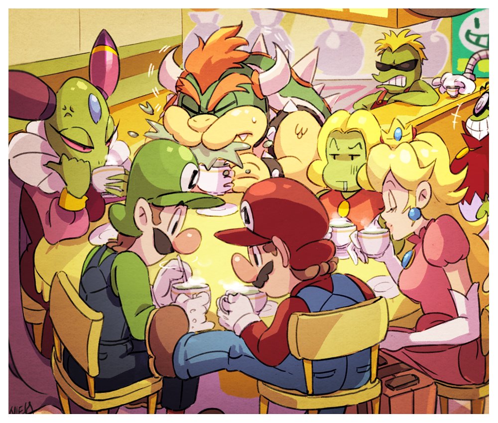 2girls 6+boys anger_vein blonde_hair bowser brown_hair cackletta cafe closed_eyes counter crown cup disposable_cup dress earrings facial_hair fawful forehead_jewel glasses hat horns jewelry luigi mario mario_&amp;_luigi:_superstar_saga mario_&amp;_luigi_rpg mario_(series) multiple_boys multiple_girls mustache nintendo nowitsevenhotter overalls prince_peasley princess_peach red_hair smile starbeans_employee sunglasses table