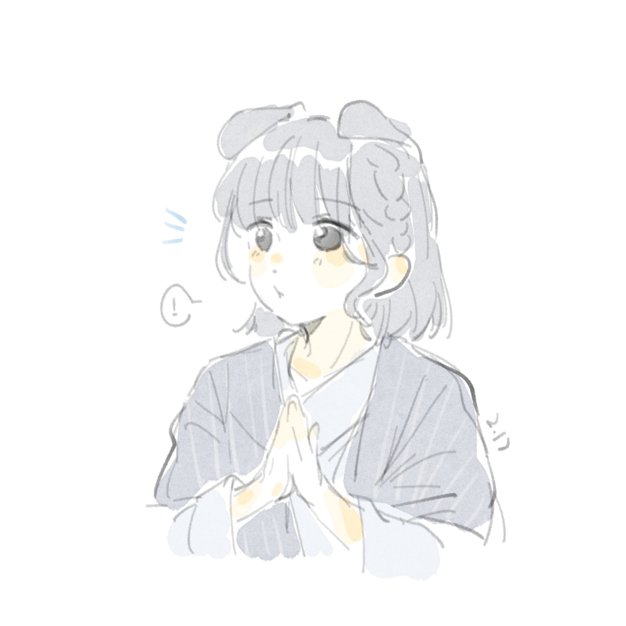 ! 1girl :t animal_ears animification black_hair blunt_bangs blush braid closed_mouth collarbone commentary cropped_torso dated dog_ears grey_kimono highres japanese_clothes kemonomimi_mode kimono link!_like!_love_live! long_sleeves love_live! own_hands_together pout real_life sakurai_hina seeno_de!_hasu_no_sora! side_braid simple_background solo spoken_exclamation_mark symbol-only_commentary voice_actor white_background woodonly