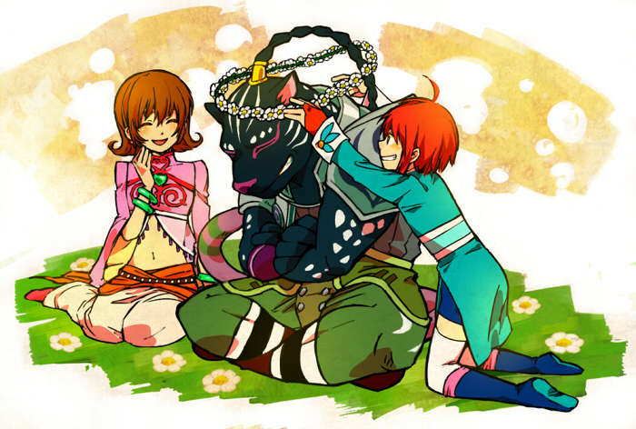 1girl 2boys annie_barrs aqua_tunic black_panther blue_pants blue_shoes braid braided_ponytail brown_hair crossed_arms crossed_legs ei1 eugene_gallardo gem green_gemstone head_wreath jewelry mao_(tales) medium_hair multiple_boys panther panther_boy pants pink_shirt red_hair shirt shoes short_hair sitting smile socks tales_of_(series) tales_of_rebirth tunic white_pants white_socks