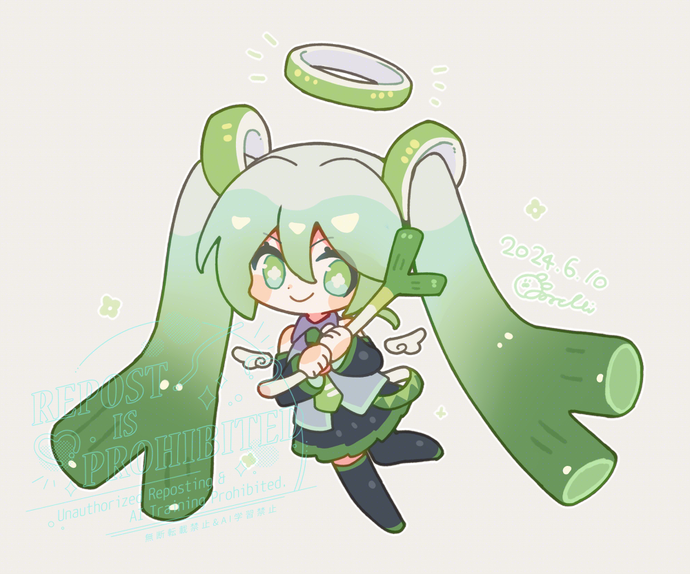 1girl bare_shoulders black_skirt black_sleeves black_thighhighs blush_stickers bright_pupils chibi chibi_only closed_mouth dated detached_sleeves food full_body green_eyes green_hair green_halo green_necktie grey_shirt halo hashtag-only_commentary hatsune_miku holding holding_food holding_spring_onion holding_vegetable long_hair looking_at_viewer miku_day necktie pleated_skirt shirt signature simple_background skirt sleeveless sleeveless_shirt smile solo sorata123 spring_onion standing standing_on_one_leg thighhighs twintails v-shaped_eyebrows vegetable very_long_hair vocaloid watermark white_background