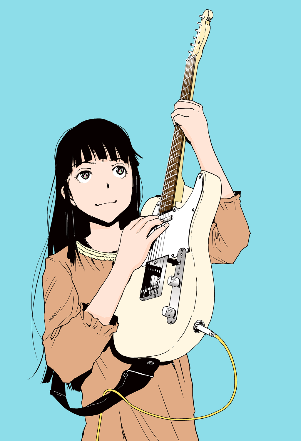 1girl black_eyes black_hair blue_background commentary_request electric_guitar fender_telecaster guitar highres instrument long_hair music original playing_instrument simple_background smile solo tamaoki_benkyou upper_body