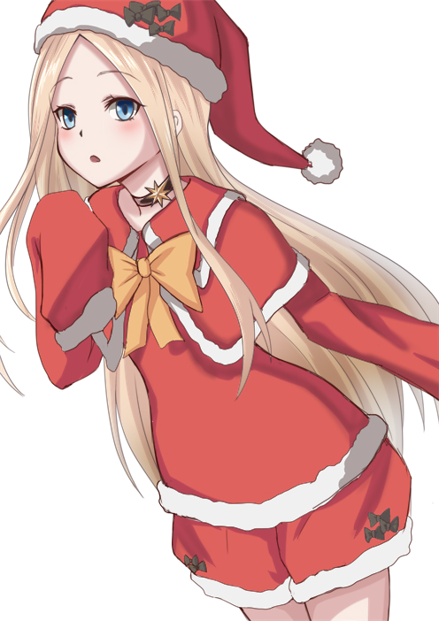 1girl :o abigail_williams_(fate) black_bow blonde_hair blue_eyes blush bow bowtie capelet commentary_request cowboy_shot dutch_angle fate/grand_order fate_(series) female_focus forehead fur-trimmed_capelet fur-trimmed_headwear fur-trimmed_shirt fur-trimmed_shorts fur-trimmed_sleeves fur_trim hat hat_bow heikichi long_hair long_sleeves orange_bow orange_bowtie parted_bangs parted_lips red_capelet red_hat red_shirt red_shorts santa_costume santa_hat shirt short_shorts shorts simple_background sleeves_past_wrists solo very_long_hair white_background