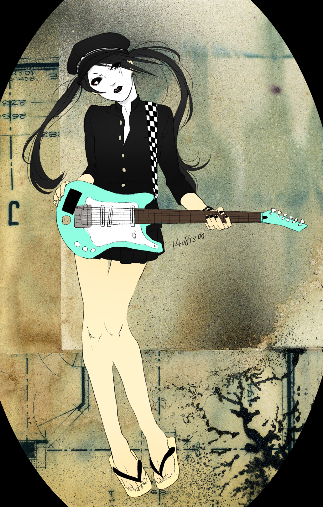 1girl black_eyes black_hair black_nails black_shirt chouko_(waru) commentary_request electric_guitar expressionless facepaint flat_chest guitar guruguru_eigakan hat hatsune_miku highres instrument long_hair no_socks peaked_cap sandals shirt solo twintails visual_kei vocaloid white_facepaint zouri