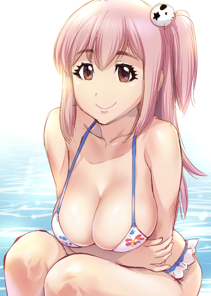 1girl bikini breasts brown_eyes cleavage collarbone crossed_arms dead_or_alive dead_or_alive_3 dead_or_alive_5 female_focus floral_print hair_ornament honoka_(doa) large_breasts long_hair one_side_up pink_hair print_bikini smile solo squatting swimsuit ueyama_michirou water