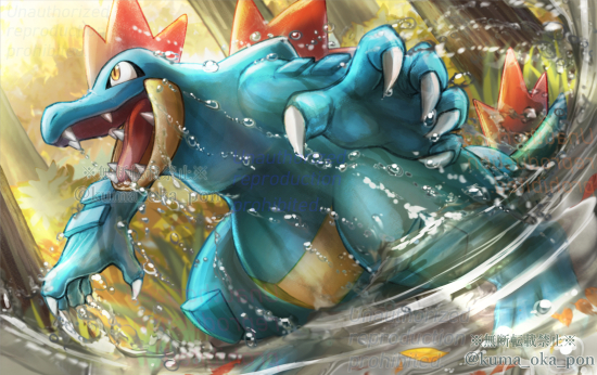 claws day feraligatr gen_2_pokemon kumaoka_pon light_rays looking_up mixed-language_commentary nintendo no_humans open_mouth outdoors pokemon pokemon_(creature) ripples solo teeth tongue tree water water_drop watermark yellow_eyes