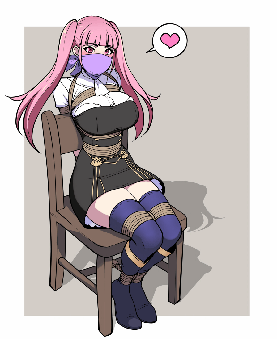 1girl bdsm blue_thighhighs bondage bound breasts chair cloth_gag dress female_focus fire_emblem fire_emblem:_three_houses gag gagged heart hilda_valentine_goneril improvised_gag jam-orbital large_breasts long_hair matching_hair/eyes nintendo over_the_nose_gag pink_eyes pink_hair rope shibari sitting solo thighhighs twintails zettai_ryouiki