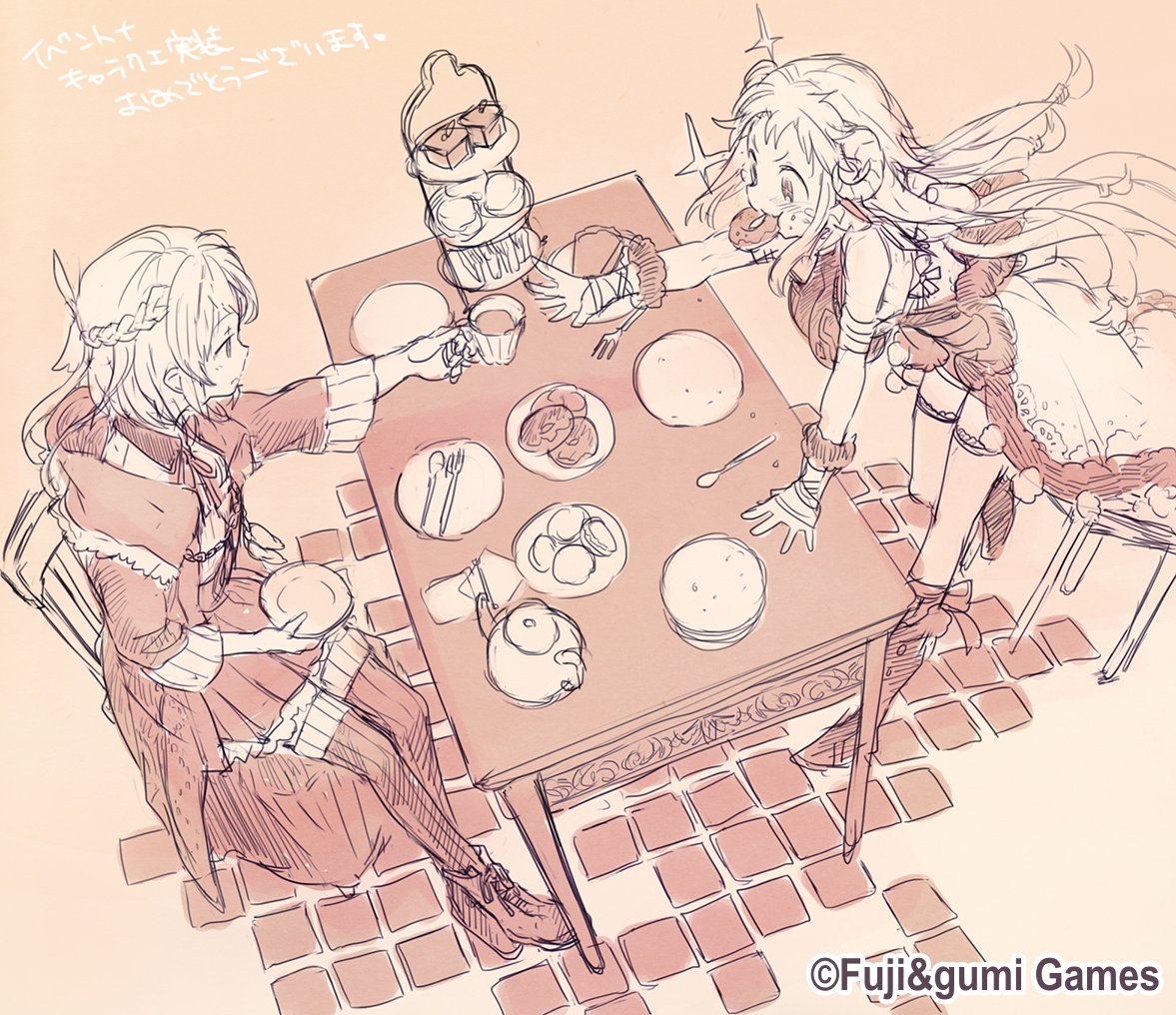 2girls braid closed_mouth commentary_request copyright_notice cup donut eating food fork from_above half_up_braid hand_on_table lofia_(ta_ga_tame_no_alchemist) long_hair milis_(ta_ga_tame_no_alchemist) multiple_girls official_art on_chair outstretched_arm plate second-party_source sitting sparkle spoon standing ta_ga_tame_no_alchemist table tea teacup teapot thighhighs watarubou