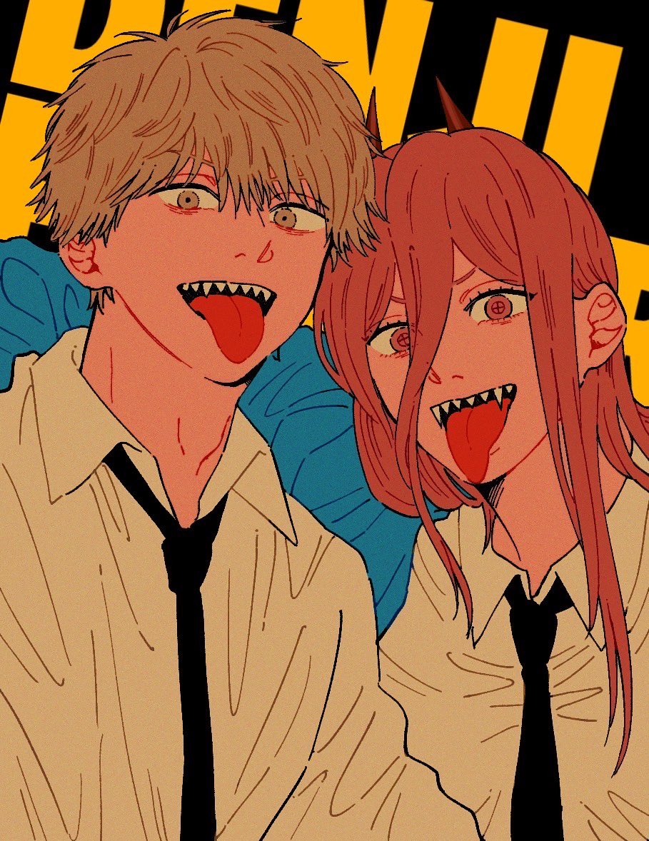 +_+ 1boy 1girl black_necktie blonde_hair chainsaw_man collared_shirt cross-shaped_pupils denji_(chainsaw_man) horns llq9ull long_hair looking_at_viewer necktie open_mouth pink_hair power_(chainsaw_man) red_horns sharp_teeth shirt short_hair symbol-shaped_pupils teeth tongue tongue_out white_shirt yellow_eyes