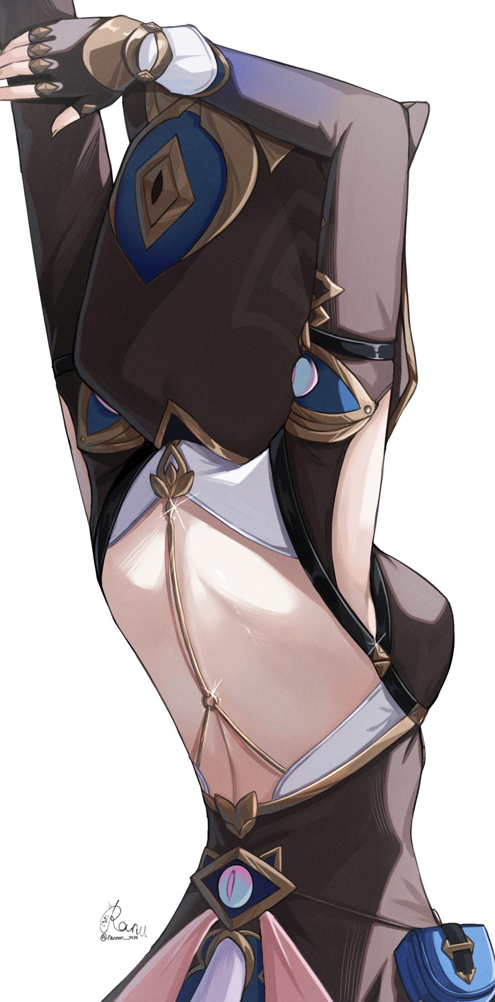 1girl animal_ear_hood armpit_cutout arms_up back back_cutout back_focus backless_outfit bare_back black_gloves breasts brown_hood cipher_(honkai:_star_rail) clothing_cutout fake_animal_ears fingerless_gloves from_behind gloves highres honkai:_star_rail honkai_(series) hood hood_up long_sleeves medium_breasts ranran_3939 simple_background solo upper_body white_background
