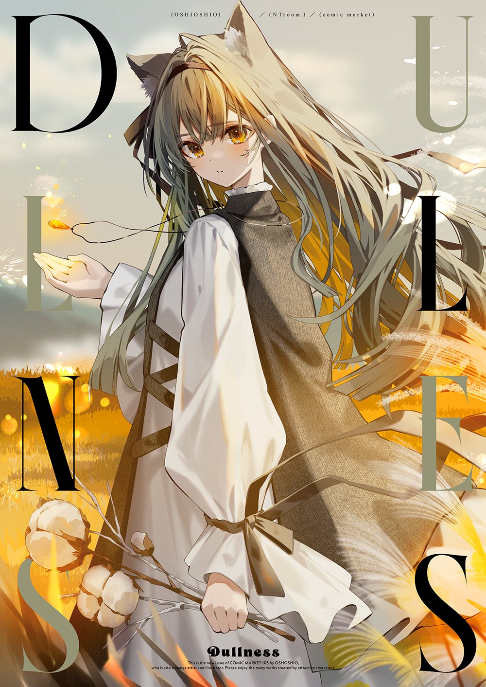 1girl animal_ear_fluff animal_ears blurry blush comiket_103 cowboy_shot dress floating_hair from_behind glint grass hair_between_eyes hand_up highres holding jewelry light_brown_hair long_hair long_sleeves looking_at_viewer looking_back orange_eyes original oshioshio outdoors pendant puffy_long_sleeves puffy_sleeves ribbon solo standing susuki_grass very_long_hair white_dress