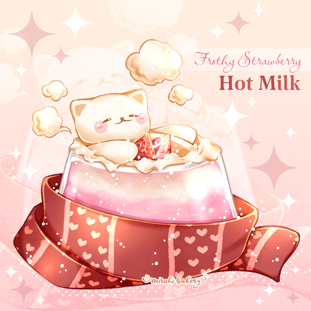 animal_focus artist_name blush_stickers bowl cat chocomiruki closed_eyes closed_mouth commentary_request english_text food food_focus fruit gradient_background halftone halftone_background heart heart_print in_food light_particles milk no_humans orange_background original pet_bowl pink_background red_scarf scarf smile sparkle steam strawberry strawberry_slice striped_clothes striped_scarf unworn_scarf white_cat zoom_layer