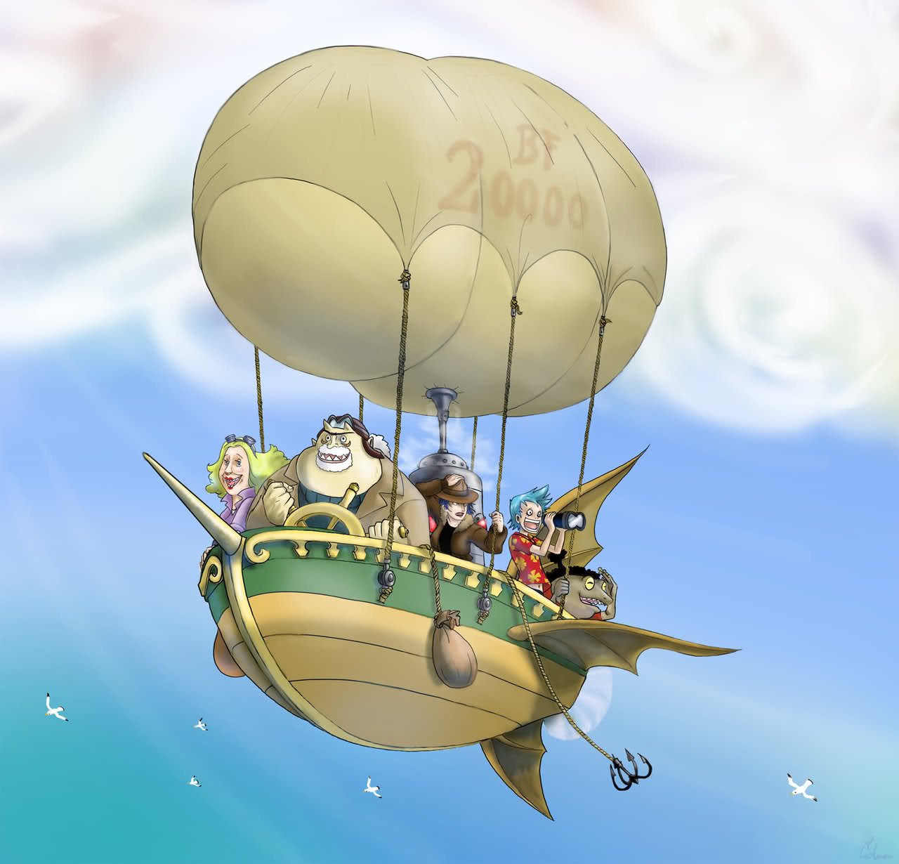 1girl 3boys aircraft airship beard black_hair blonde_hair blue_hair cutty_flam facial_hair flying franky_(one_piece) frog goggles highres iceburg jacket kokoro_(one_piece) mermaid monster_boy monster_girl multiple_boys one_piece ship tom_(one_piece) water_7 watercraft white_hair yokozuna_(one_piece)