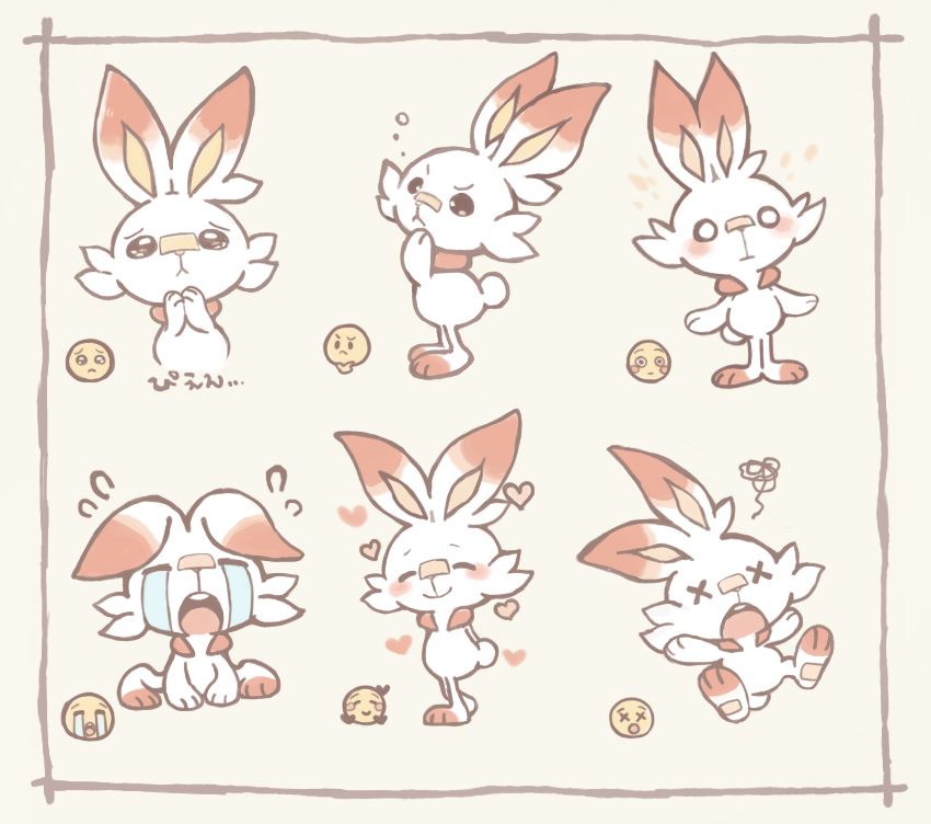 blank_eyes blush crying crying_emoji embarrassed emoji flying_sweatdrops gen_8_pokemon heart konanbo multiple_expressions multiple_views nintendo no_humans pokemon pokemon_(creature) scorbunny simple_background squiggle streaming_tears tears thinking translation_request x_x