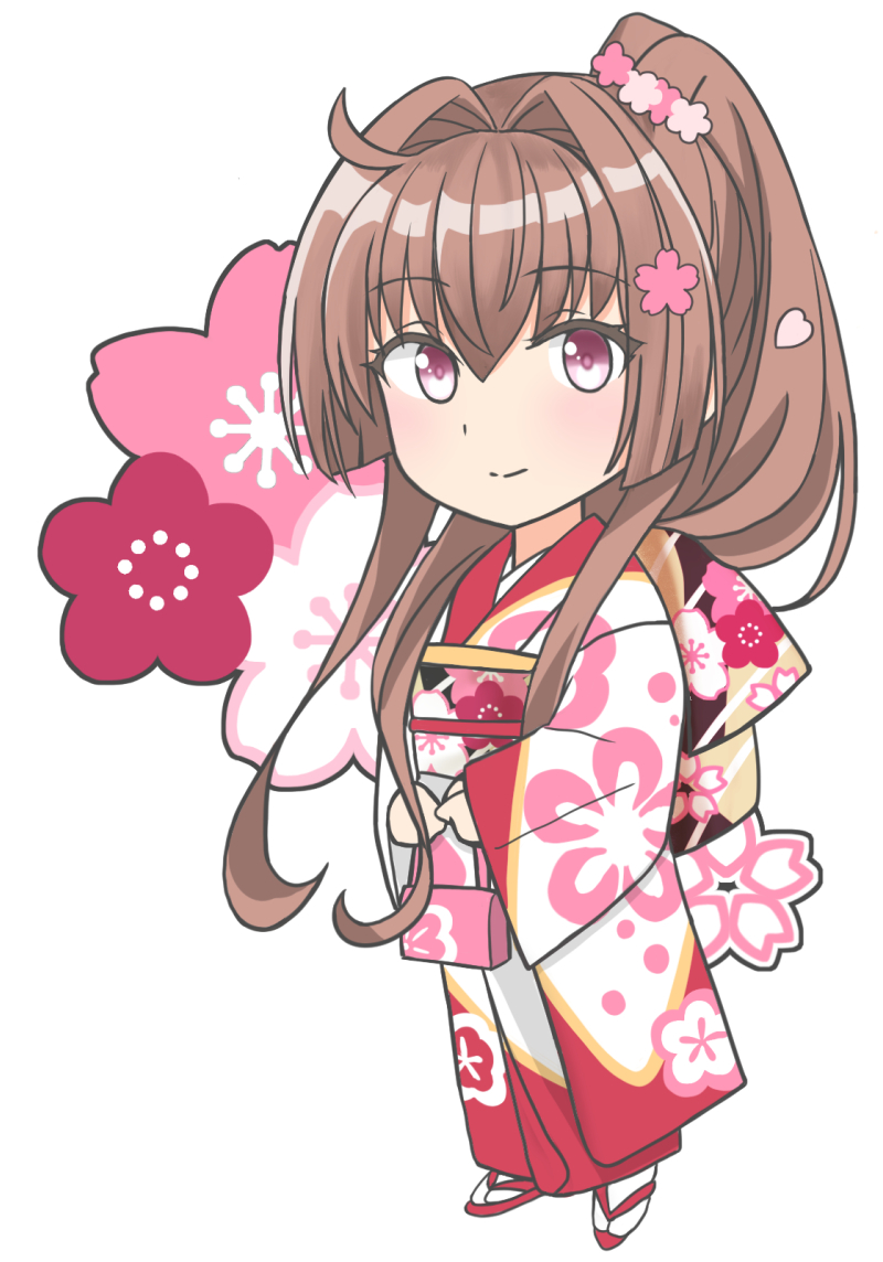 1girl alternate_costume bag brown_hair cherry_blossoms commentary_request deformed flower full_body hair_flower hair_ornament handbag japanese_clothes kantai_collection kimono looking_at_viewer red_eyes simple_background solo takase_asagiri two-tone_kimono white_background white_kimono yamato_(kancolle)