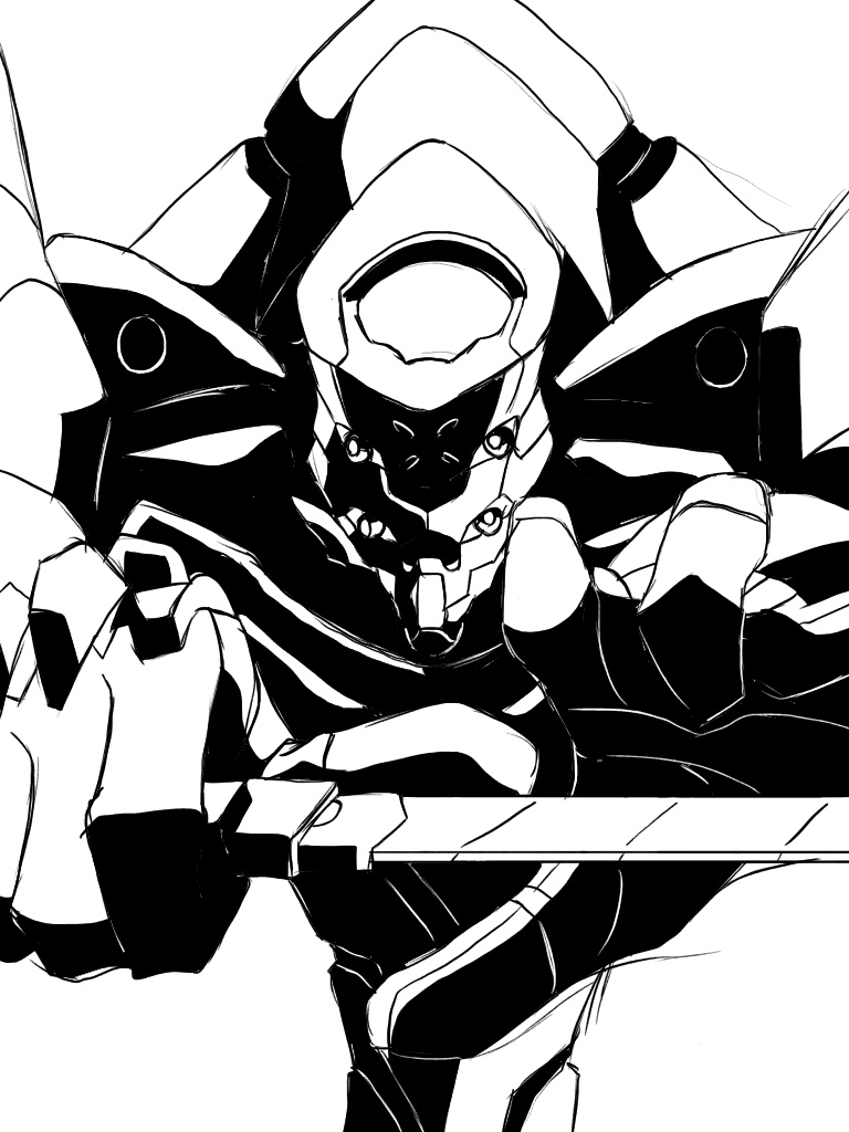 commentary_request eva_02 evangelion_(mecha) extra_eyes holding holding_knife knife looking_at_viewer mecha mecha_focus monochrome natesuke neon_genesis_evangelion no_humans robot scan science_fiction super_robot traditional_media upper_body white_background