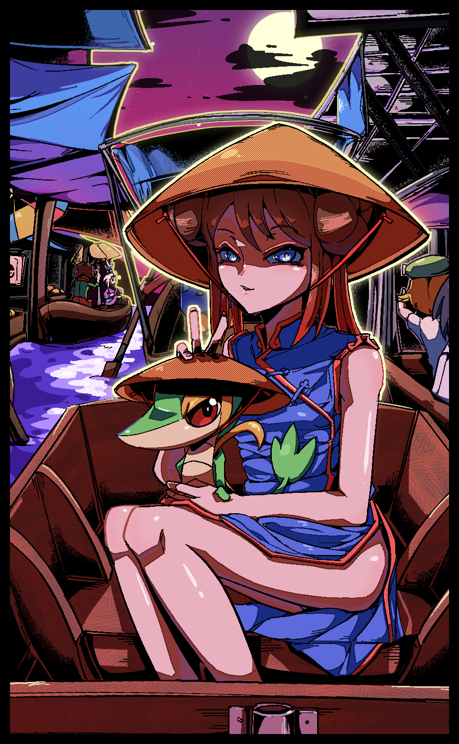 2049_(hh5566) 3girls bare_shoulders bianca_(pokemon) blue_eyes boat breasts brown_hair burgh_(pokemon) cheren_(pokemon) china_dress chinese_clothes clenched_hands donut_hair_bun dress eyelashes female_focus fingernails gen_5_pokemon hair_between_eyes hair_bun hat highres holding holding_pokemon knees_together_feet_apart legs_together long_fingernails long_hair long_twintails looking_at_viewer multiple_girls neck night nintendo no_panties on_boat on_vehicle outdoors parted_lips pokemon pokemon_(creature) pokemon_bw pokemon_bw2 river rosa_(pokemon) roxie_(pokemon) shiny_skin side_slit sidelocks size_difference sleeveless sleeveless_dress small_breasts smirk snivy twintails v very_long_hair watercraft
