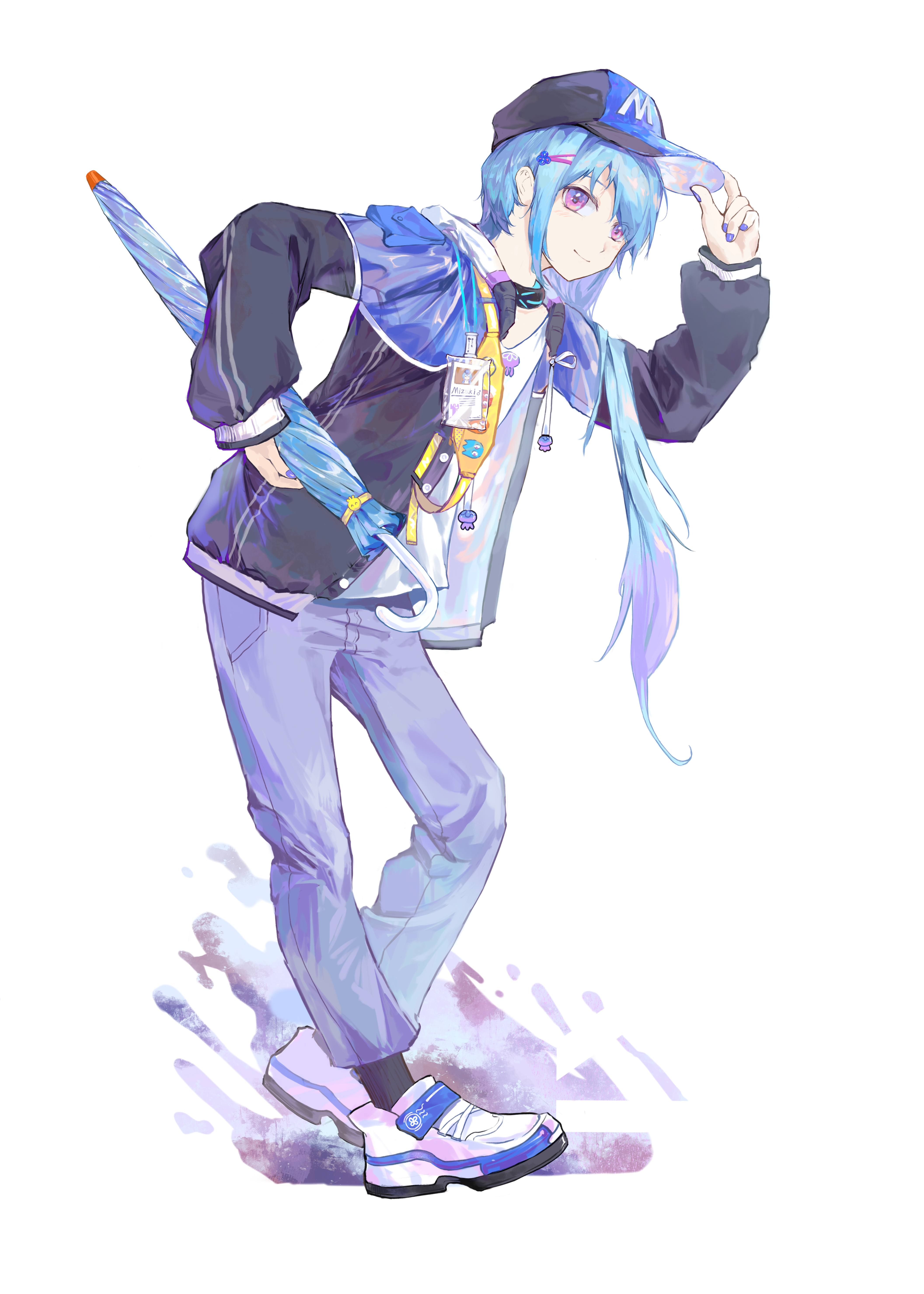 1boy absurdres adjusting_clothes adjusting_headwear allieali arknights baseball_cap black_hat black_jacket blue_hair character_name chinese_commentary closed_mouth commentary_request denim full_body hair_ornament hairclip hat highres holding holding_umbrella infection_monitor_(arknights) jacket jeans leaning leaning_forward long_hair long_sleeves looking_at_viewer male_focus mizuki_(arknights) open_clothes open_jacket pants peaked_cap pink_hair purple_pants simple_background smile solo standing transparent_background umbrella