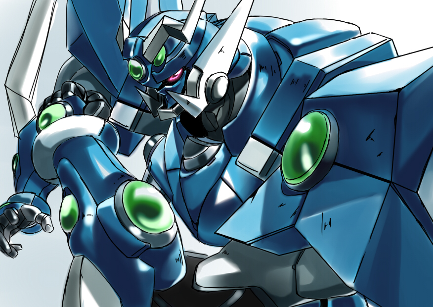 clenched_hand from_side gradient_background mecha nana_g no_humans open_hand pink_eyes robot science_fiction solo soulgain super_robot super_robot_wars super_robot_wars_advance upper_body v-fin