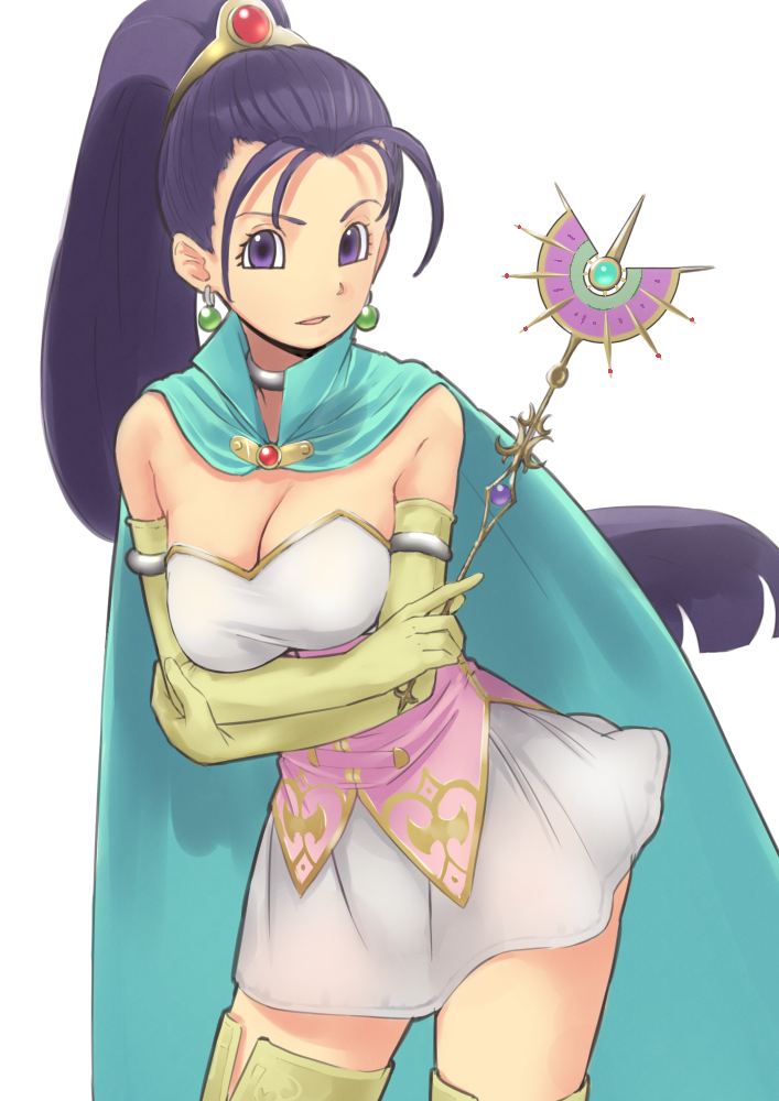 1girl aiueonesan_(umanaminoatama) blue_cape breasts cape choker cleavage dragon_quest dragon_quest_xi dress earrings elbow_gloves female_focus gloves hair_strand high_ponytail holding holding_wand jewelry large_breasts long_hair looking_at_viewer matching_hair/eyes miniskirt ponytail purple_eyes purple_hair senica_(dq11) senica_(dragon_quest_xi) simple_background skirt solo thighhighs wand white_background white_dress yellow_gloves yellow_thighhighs