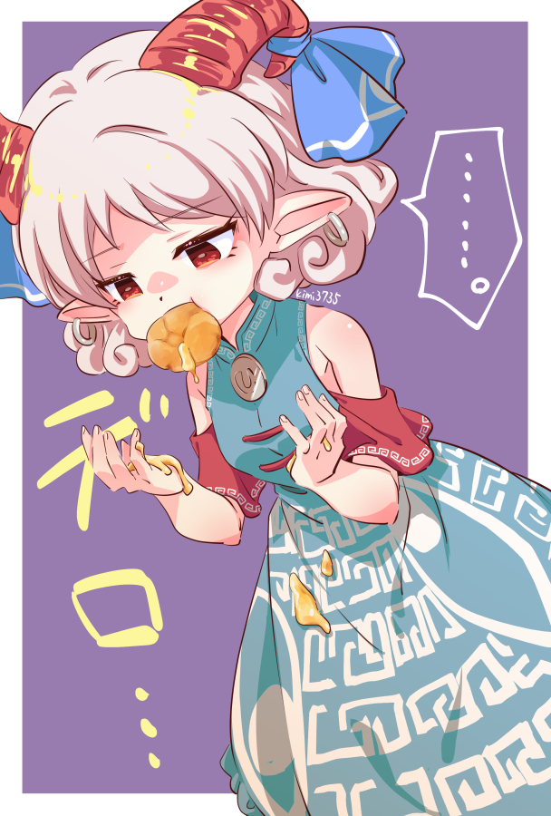 1girl bare_shoulders blue_bow blue_dress border bow chinese_clothes detached_sleeves dress earrings eating facing_viewer food goat_horns hands_up honey hoop_earrings horns jewelry kimi3735 looking_down medium_hair pointy_ears puffy_cheeks red_eyes red_horns simple_background sleeveless sleeveless_dress solo touhou toutetsu_yuuma upper_body white_border white_hair