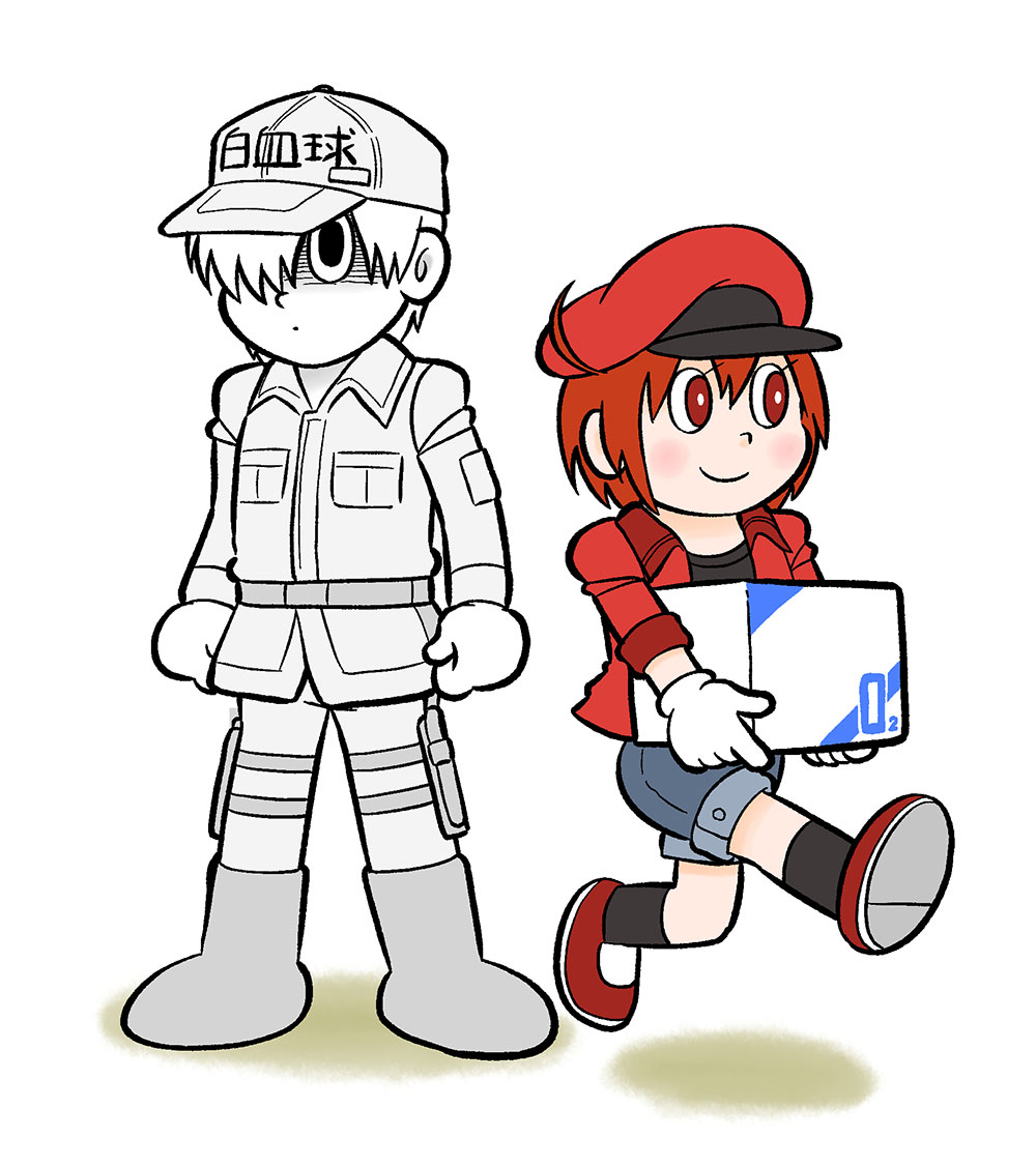 1boy 1girl black_eyes black_socks box clenched_hands closed_mouth colored_skin denim denim_shorts doraemon formal_clothes fujiko_f_fujio_(style) gloves hair_over_one_eye hataraku_saibou height_difference holding holding_box kitamura_jin midair one_eye_covered pale_skin parody red_blood_cell_(hataraku_saibou) red_eyes red_footwear shaded_face shadow shorts simple_background smile socks standing style_parody suit white_background white_blood_cell_(hataraku_saibou) white_footwear white_gloves white_hair white_skin white_suit