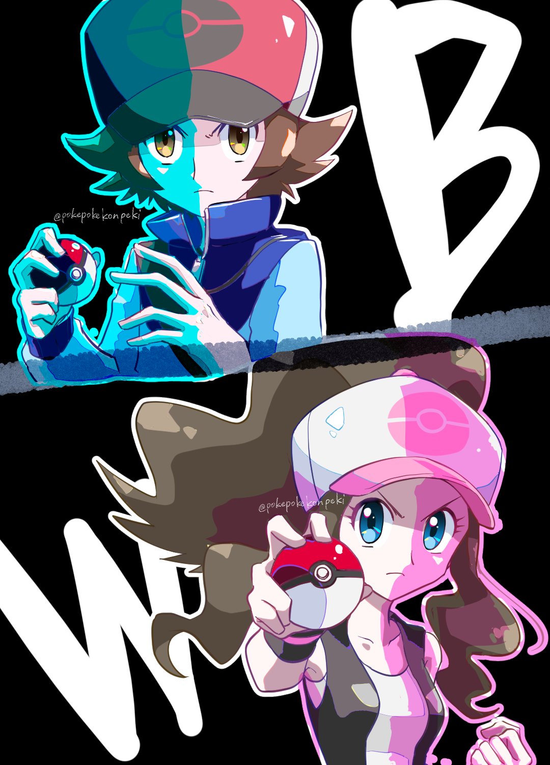 1boy 1girl artist_name baseball_cap blue_eyes blue_jacket brown_hair clenched_hand closed_mouth commentary_request eyelashes hat highres hilbert_(pokemon) hilda_(pokemon) holding holding_poke_ball jacket long_hair medium_hair nintendo poke_ball poke_ball_(basic) poke_ball_print pokemon pokemon_bw pokepokekonpeki print_headwear twitter_username v-shaped_eyebrows yellow_eyes
