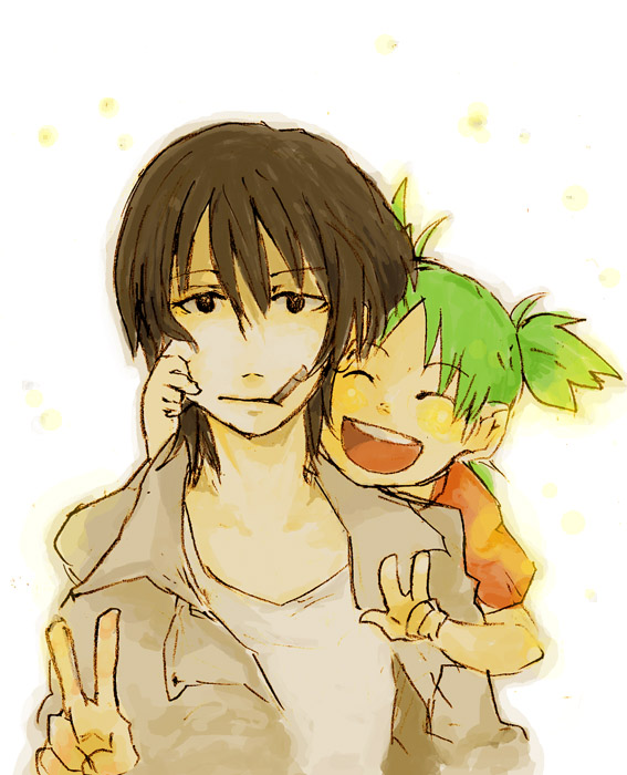 2girls ^_^ androgynous bad_id bad_pixiv_id brown_eyes brown_hair cheek_pinching cheek_pull child cigarette closed_eyes coat green_hair koiwai_yotsuba multiple_girls pinching quad_tails reverse_trap short_hair smoking tomboy torako_(yotsubato!) uzaki_(jiro) v yotsubato! zuro