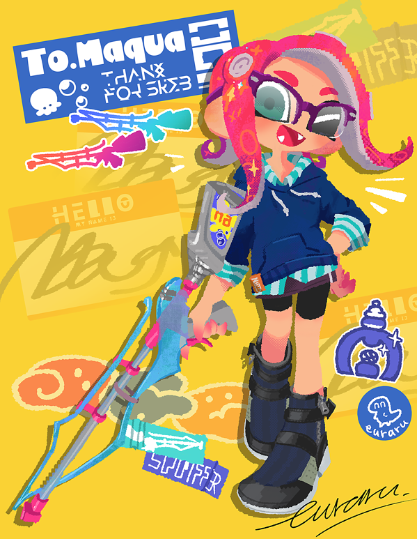 1girl bike_shorts blue_eyes blue_hoodie commission euraru fangs glasses gun hand_on_own_hip holding holding_gun holding_weapon hood hoodie nintendo octoling_girl octoling_player_character one_eye_closed open_mouth red_hair shoes signature skeb_commission solo splatoon_(series) squiffer_(splatoon) tentacle_hair weapon