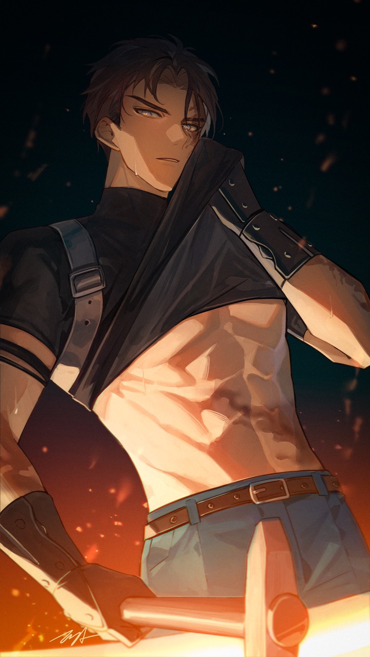 1boy abs belt black_background black_gloves black_hair black_shirt blacksmith blue_eyes blue_pants brown_belt burn_scar clothes_lift gloves glowing glowing_hot hammer highres holding holding_hammer j_(reverse:1999) lifting_own_clothes looking_at_viewer male_focus pants parted_lips reverse:1999 scar scar_on_face scar_on_stomach shirt shirt_lift short_hair short_sleeves solo sparks sweat toned toned_male tooaya upper_body v-shaped_eyebrows wiping_sweat