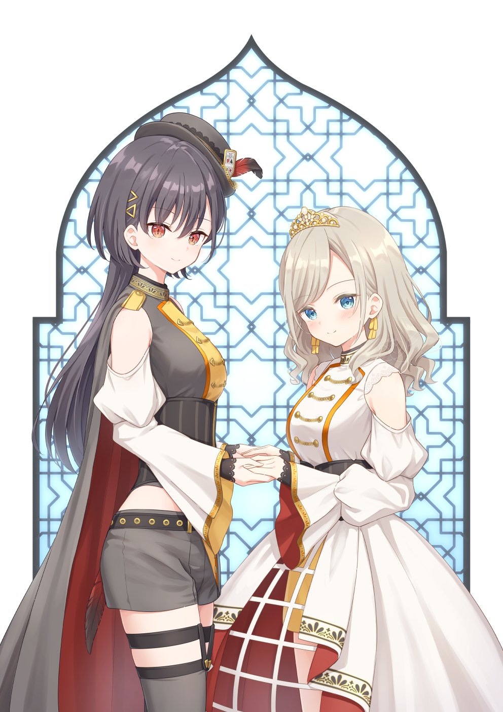 2girls blue_eyes breasts ceras_yanagida_lilienfeld closed_mouth clothing_cutout commentary_request cowboy_shot dress edel_note edelied flower_stand_art grey_hat grey_shorts grey_thighhighs hair_ribbon hanazora_satsuki hat highres holding_hands katsuragi_izumi large_breasts link!_like!_love_live! love_live! multiple_girls orange_eyes ribbon short_shorts shorts shoulder_cutout smile split_mouth swept_bangs thighhighs tilted_headwear unfinished virtual_youtuber white_dress yellow_ribbon