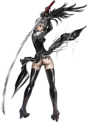 00s 1girl ass female_focus final_fantasy final_fantasy_x final_fantasy_x-2 full_body katana looking_back lowres ootachi paine simple_background solo sword thighhighs weapon white_background