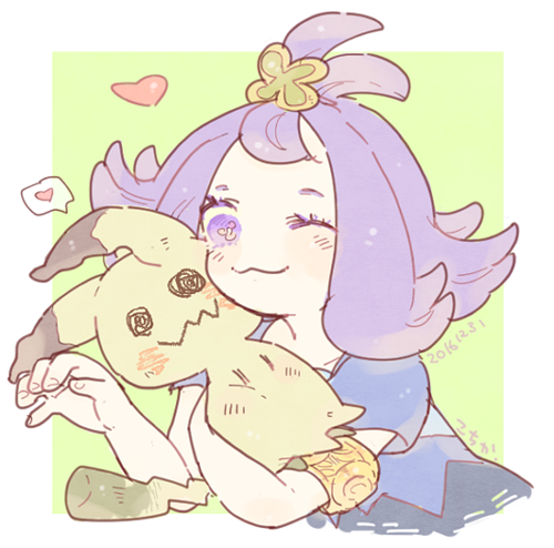 1girl 2016 ;3 acerola_(pokemon) armlet closed_mouth creatures_(company) dated flipped_hair game_freak gen_7_pokemon hair_ornament heart holding holding_pokemon jewelry katiko lowres medium_hair mimikyu nintendo no_nose one_eye_closed pokemon pokemon_(creature) pokemon_sm purple_eyes purple_hair short_sleeves speech_bubble spoken_heart topknot
