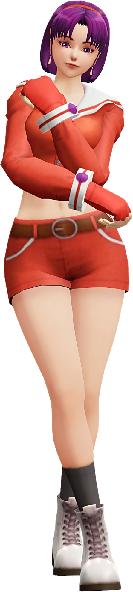 1girl 3d asamiya_athena breasts earrings female_focus gloves hairband highres jewelry large_breasts looking_at_viewer pale_skin purple_eyes purple_hair shoes short_hair shorts simple_background socks standing star_(symbol) the_king_of_fighters thick_thighs thighs white_background wide_hips