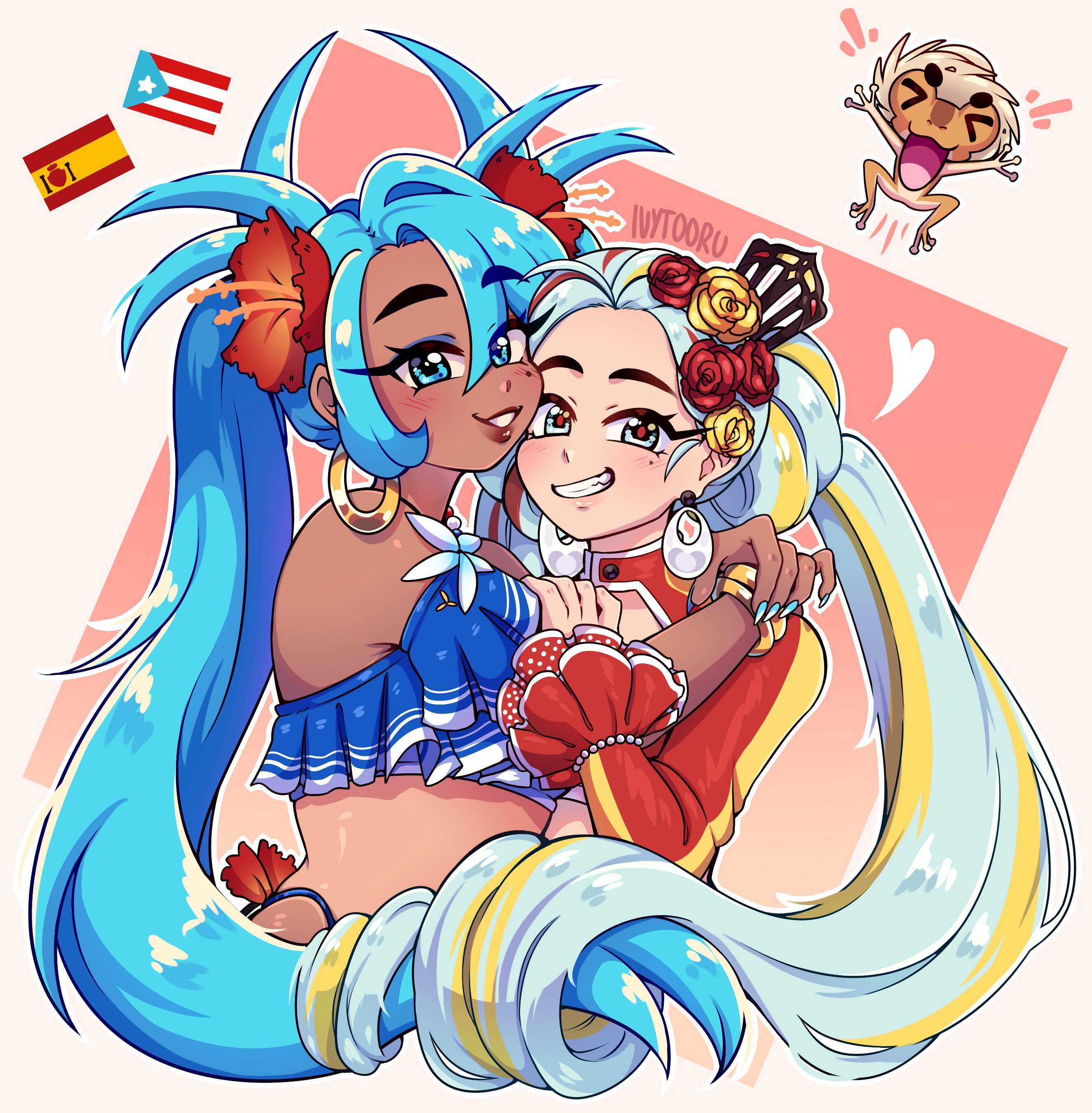2girls absurdres aqua_eyes aqua_hair aqua_nails blonde_hair borrowed_design earrings flower frilled_sleeves frills hair_flower hair_ornament hatsune_miku heart highres hoop_earrings ivytooru jewelry long_hair multicolored_hair multiple_girls outline puerto_rican_flag puerto_rican_miku red_flower red_hair red_pupils spanish_flag streaked_hair twintails upper_body very_long_hair vocaloid white_outline worldwide_miku yellow_flower yuri