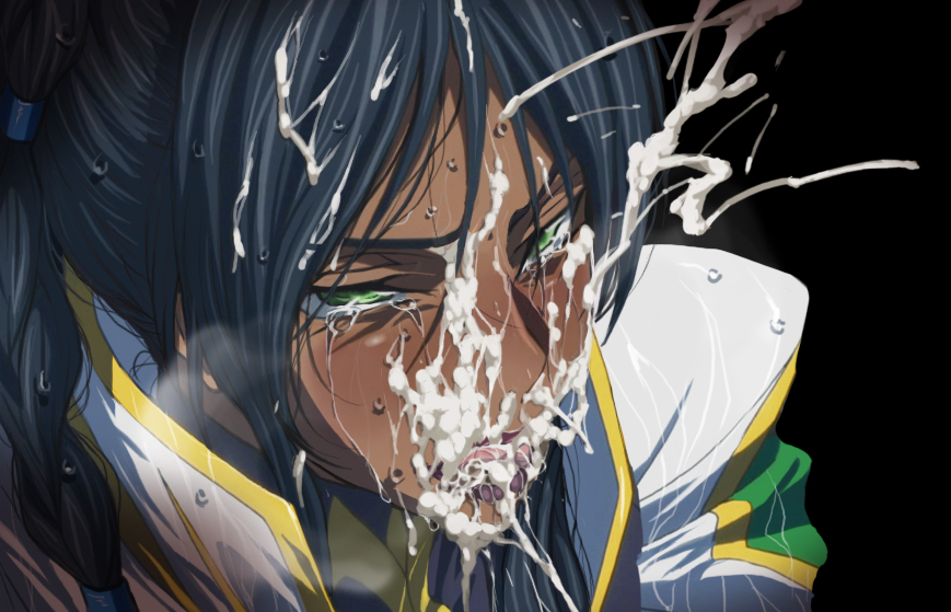 blue_hair blush breath bukkake censored code_geass cum cum_on_body dorothea_ernst ejaculation facial green_eyes heavy_breathing hyottokoaki long_hair penis saliva sweat tears tongue warainaku