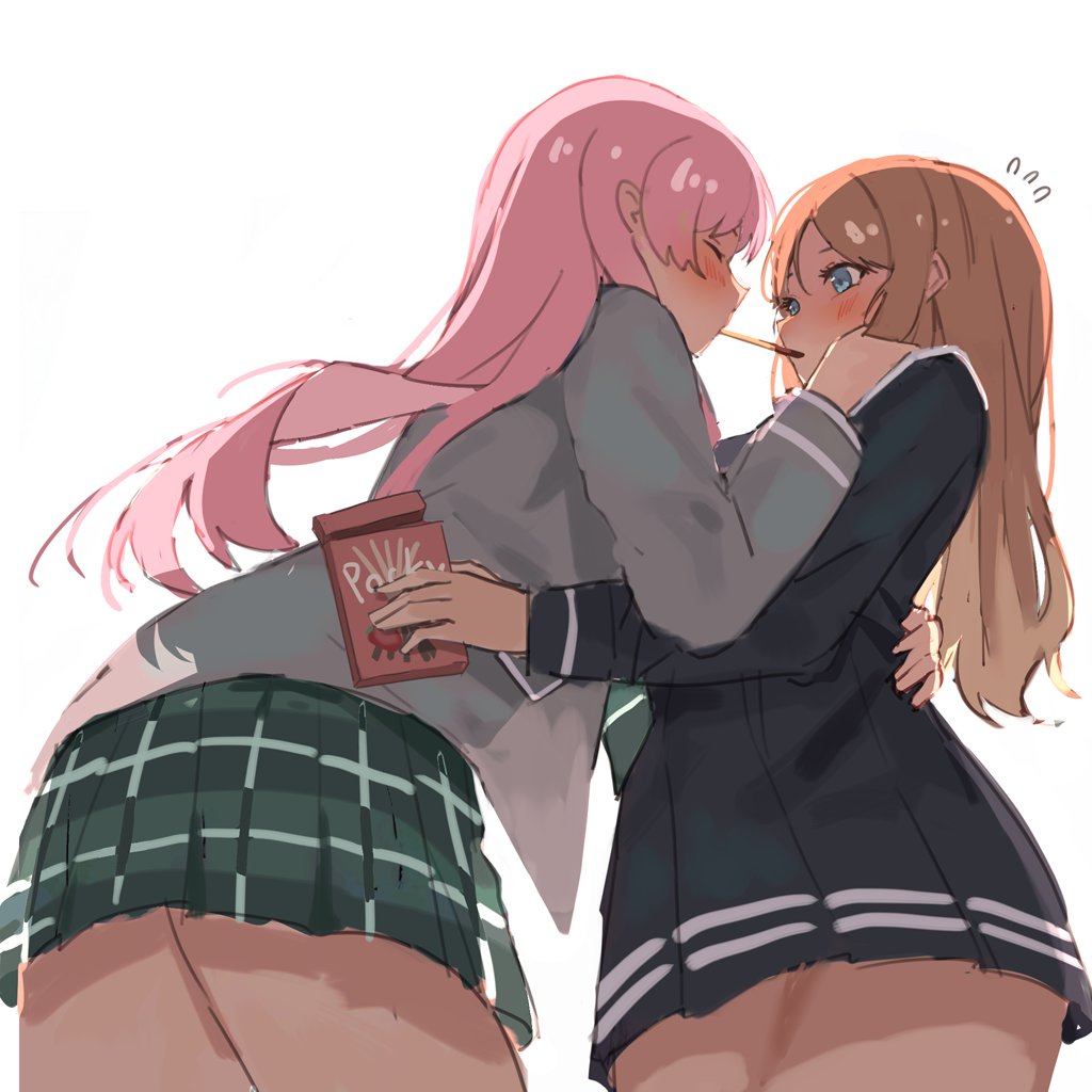 2girls bang_dream! bang_dream!_it&#039;s_mygo!!!!! blue_eyes blue_shirt blue_skirt blush brown_hair chihaya_anon closed_eyes commentary food green_skirt grey_jacket hand_on_another&#039;s_shoulder hand_on_another&#039;s_waist haneoka_school_uniform hashtag-only_commentary jacket long_hair long_sleeves milktea_(gggrrr2000) multiple_girls nagasaki_soyo pink_hair plaid_clothes plaid_skirt pocky pocky_kiss school_uniform shared_food shirt simple_background skirt tsukinomori_school_uniform white_background yuri